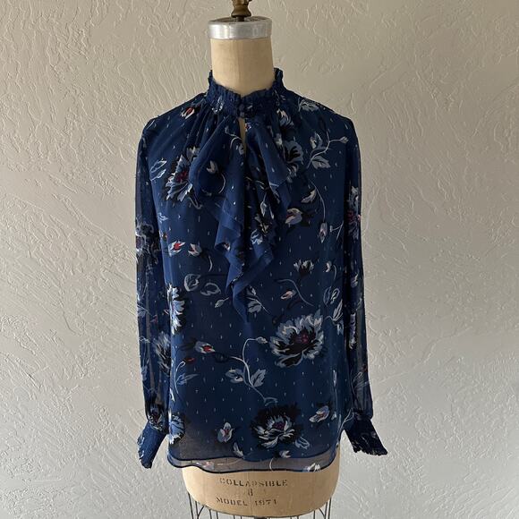 WHITE HOUSE | Silky Jabot Ruffle Front Long Sleeve Blouse 8 Sheer Blue Floral - Picture 1 of 14